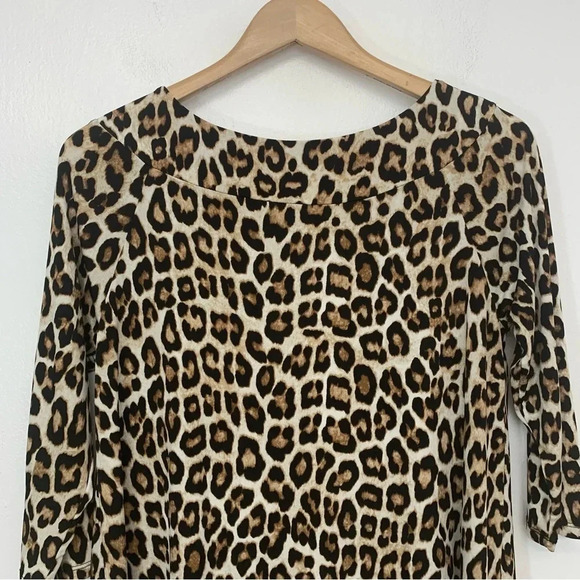Chicos 0 Top Shirt US  Small Brown Animal Print  Tunic Boat Neck 3/4 Sleeve Work - Picture 2 of 13